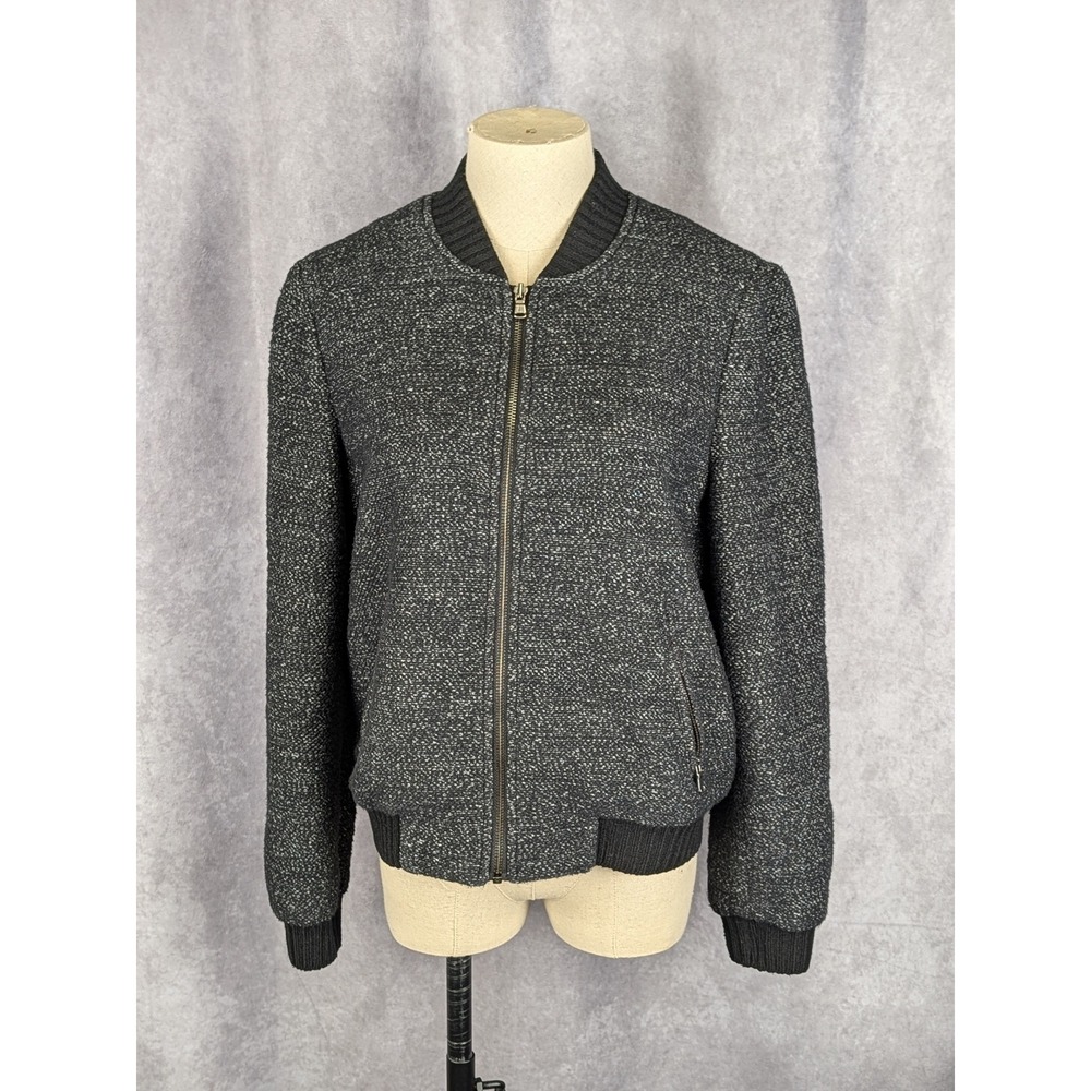 Ann‎ Taylor LOFT Womens Medium Tweed Bomber Jacket Black White Zip Up Textured